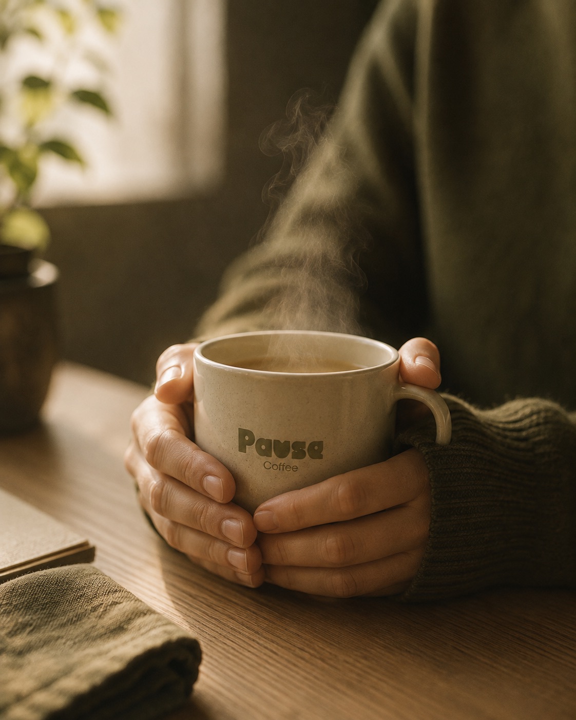 Hands wrapped around a warm Pause Coffee mug