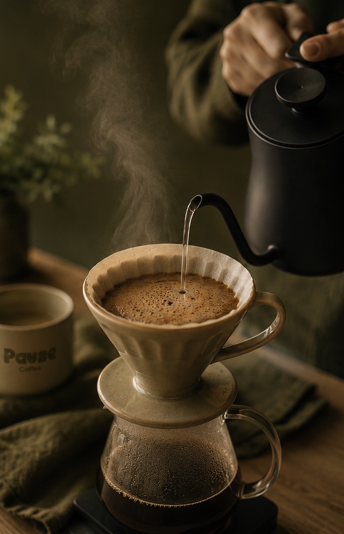Hot water blooming over coffee in a ceramic dripper