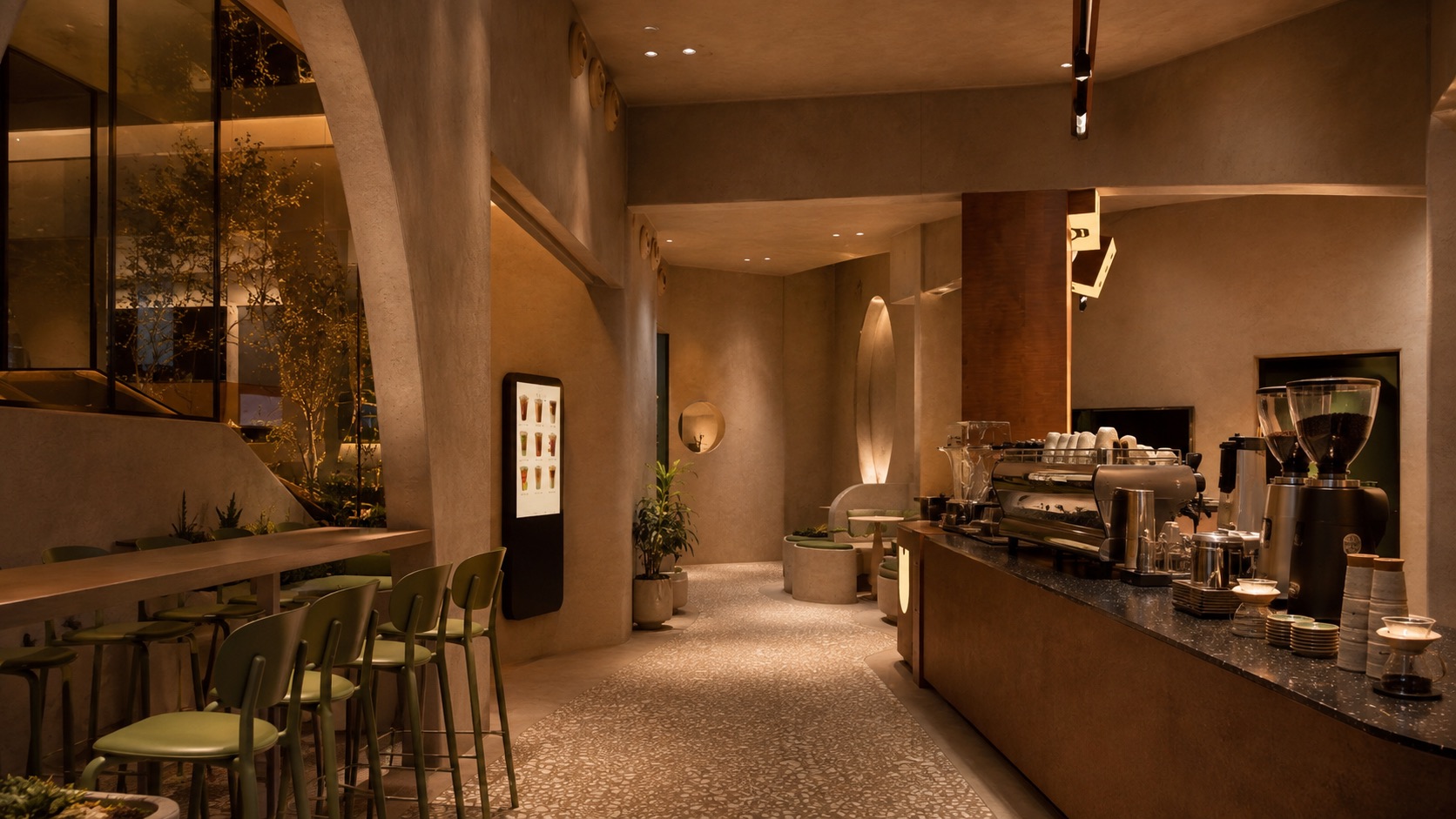 The coffee bar counter with espresso machine and grinders